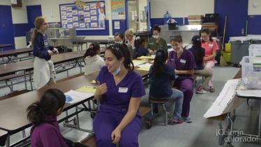 Dental students in school cafeteria