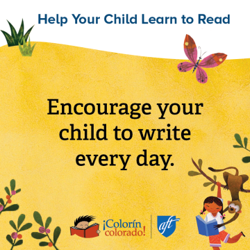 Family literacy tip 6 on yellow with kid and monkey illustrations