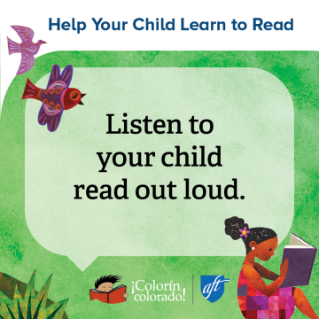 Family literacy tip 7 in English on green with illustration of girl reading