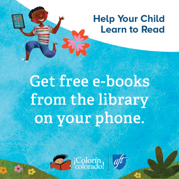 Family literacy tip 8 in English on blue with illustration of child with a book
