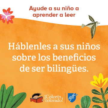 Family literacy tip 2 in Spanish on orange with flowers and birds