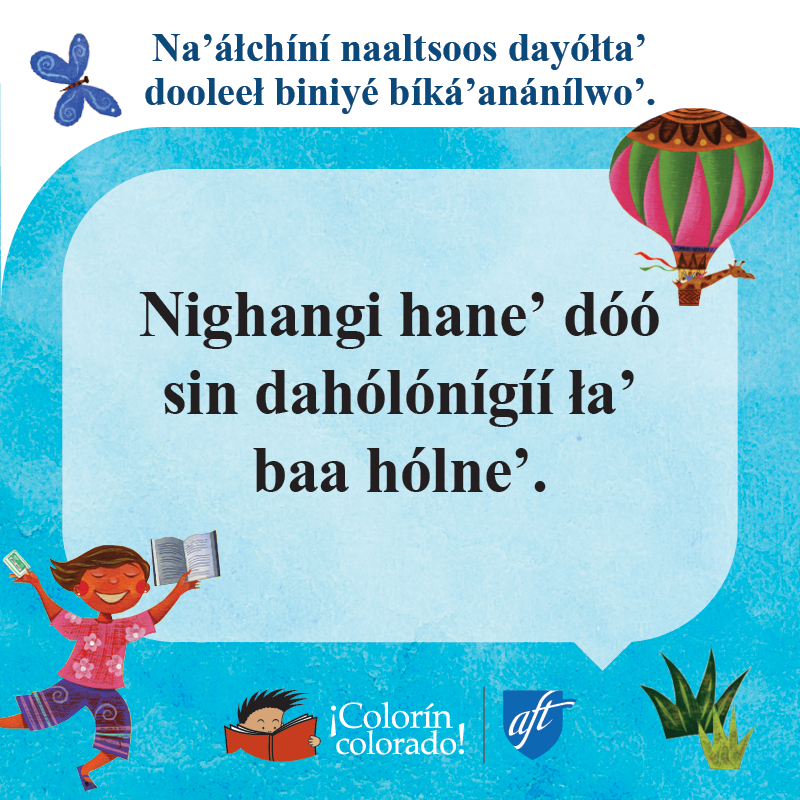 Family literacy tip 3 in Diné on blue with child and air balloon illustrations