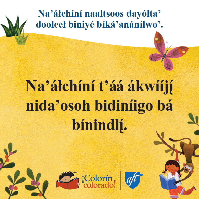 Family literacy tip 6 in Diné on yellow with child and monkey illustrations
