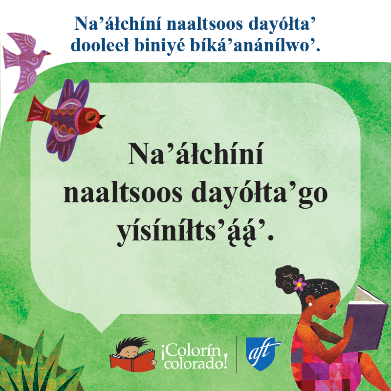 Family literacy tip 7 in Diné on green with illustration of girl reading