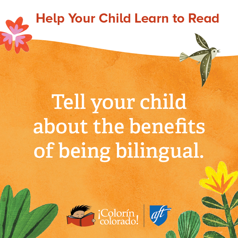 Family literacy tip 2 in English on orange with birds and flowers