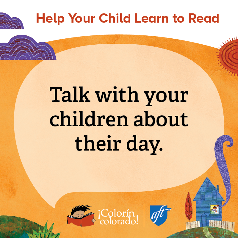 Family literacy tip 5 in English on orange with house and cloud illustrations
