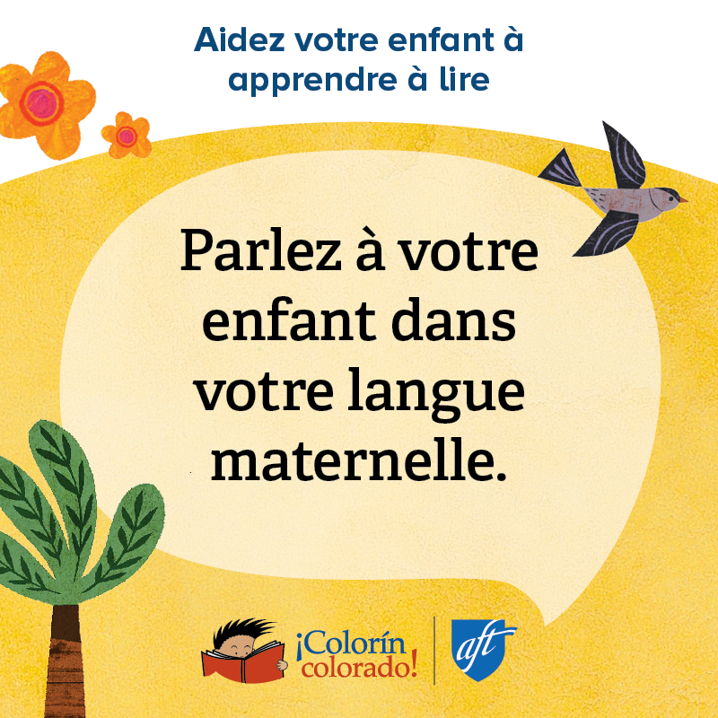 Family literacy tip 1 in French decorated with birds and flowers