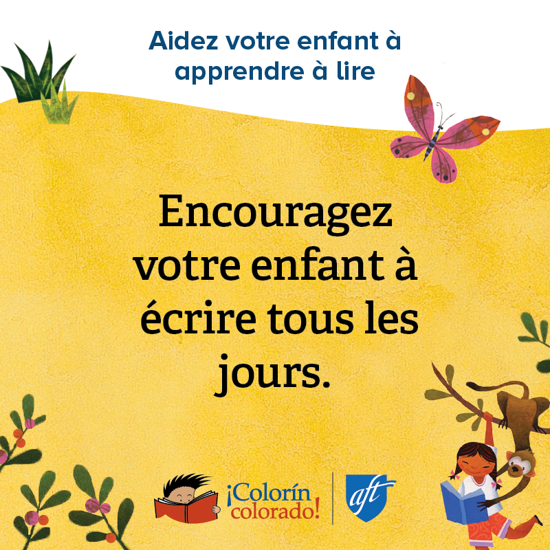 Family literacy tip 6 in French on yellow with child and monkey illustrations