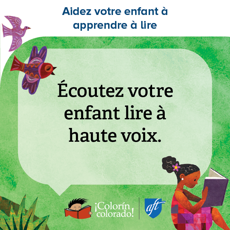 Family literacy tip 7 in French on green with illustration of girl reading