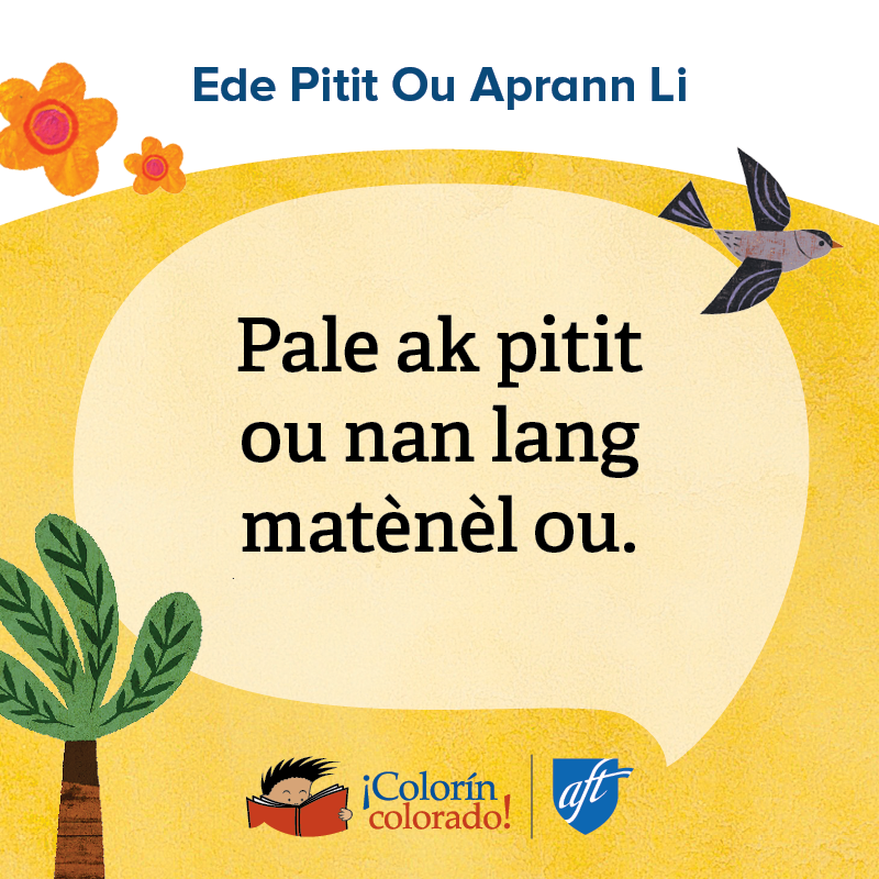 Family literacy tip 1 in Haitian Creole decorated with flowers and birds