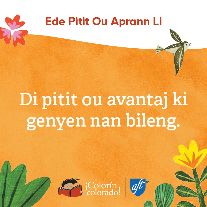 Family literacy tip 2 in Haitian Creole on orange with birds and flowers