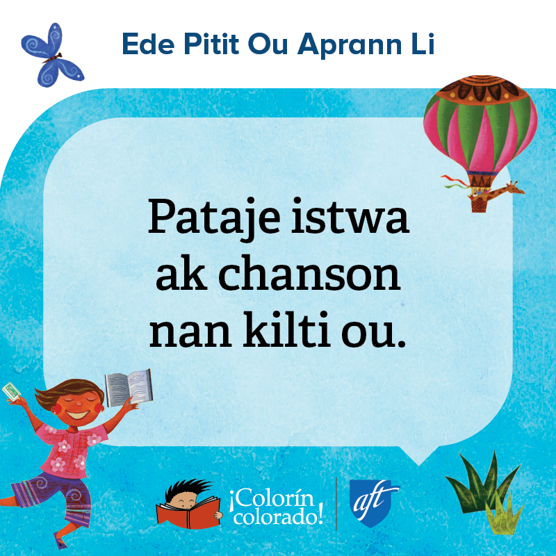Family literacy tip 3 in Haitian Creole on blue with child and air balloon illustrations
