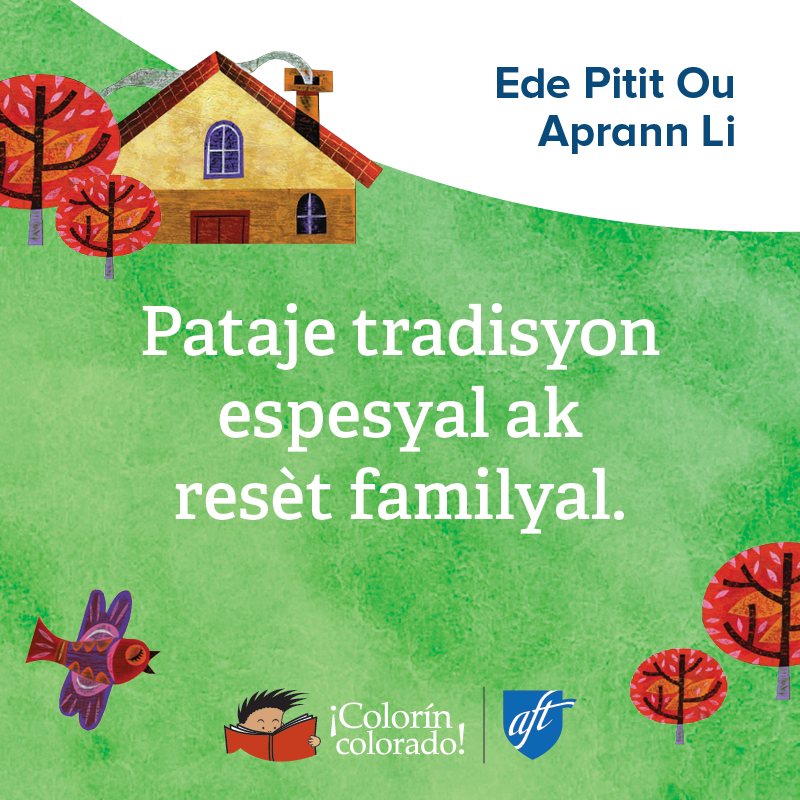 Family literacy tip 4 in Haitian Creole on green with house illustration