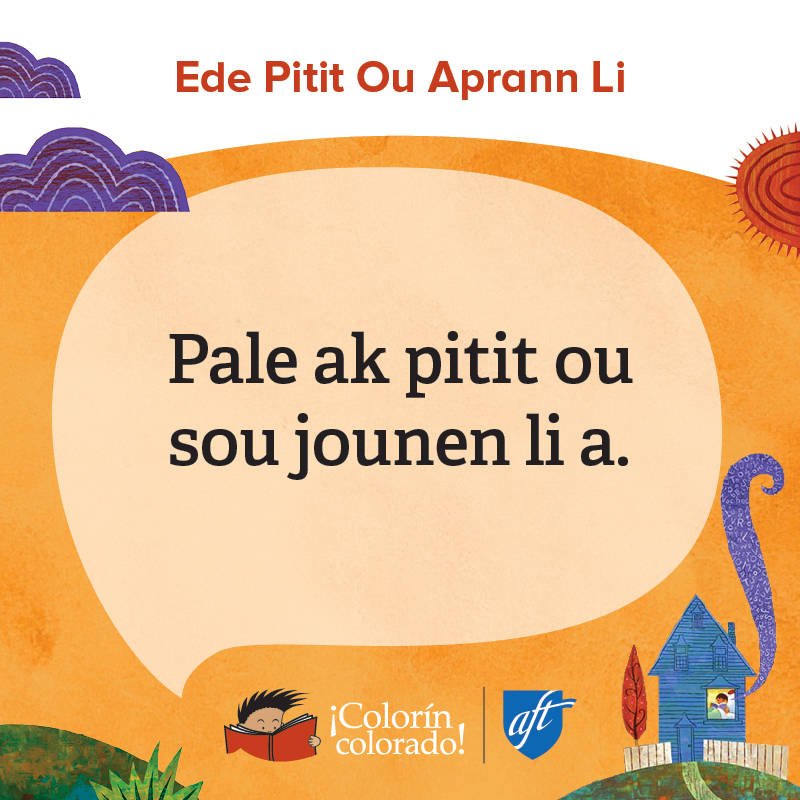 Family literacy tip 5 in Haitian Creole on orange with house and sun illustrations