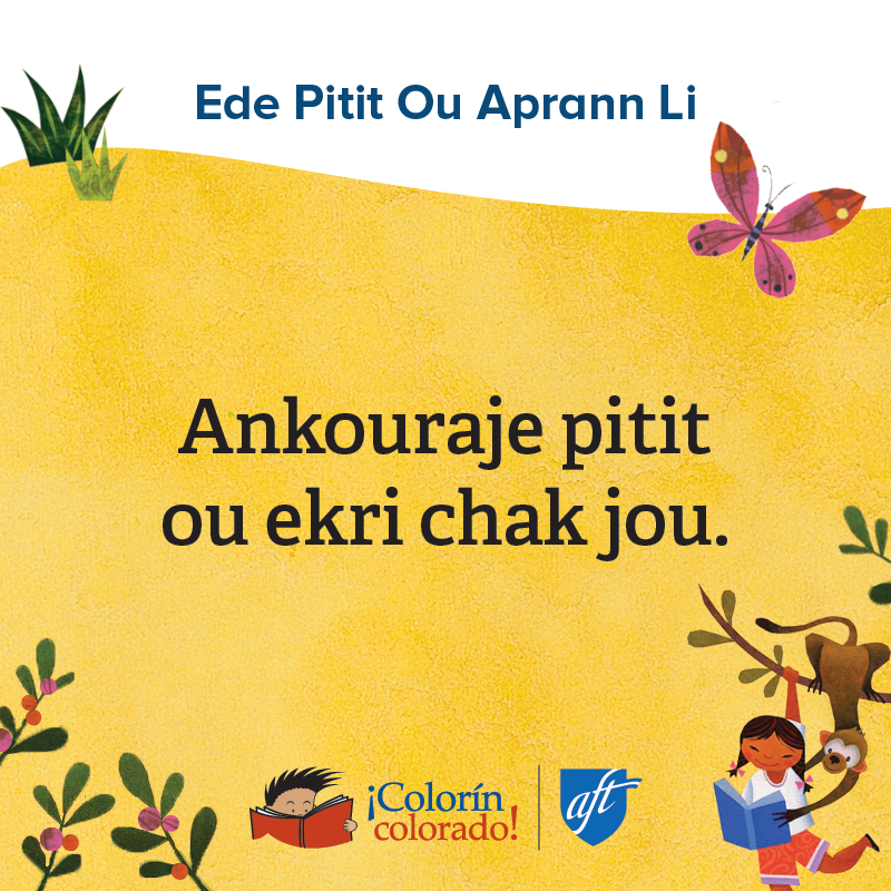 Family literacy tip 6 in Haitian Creole on yellow with child and monkey illustrations