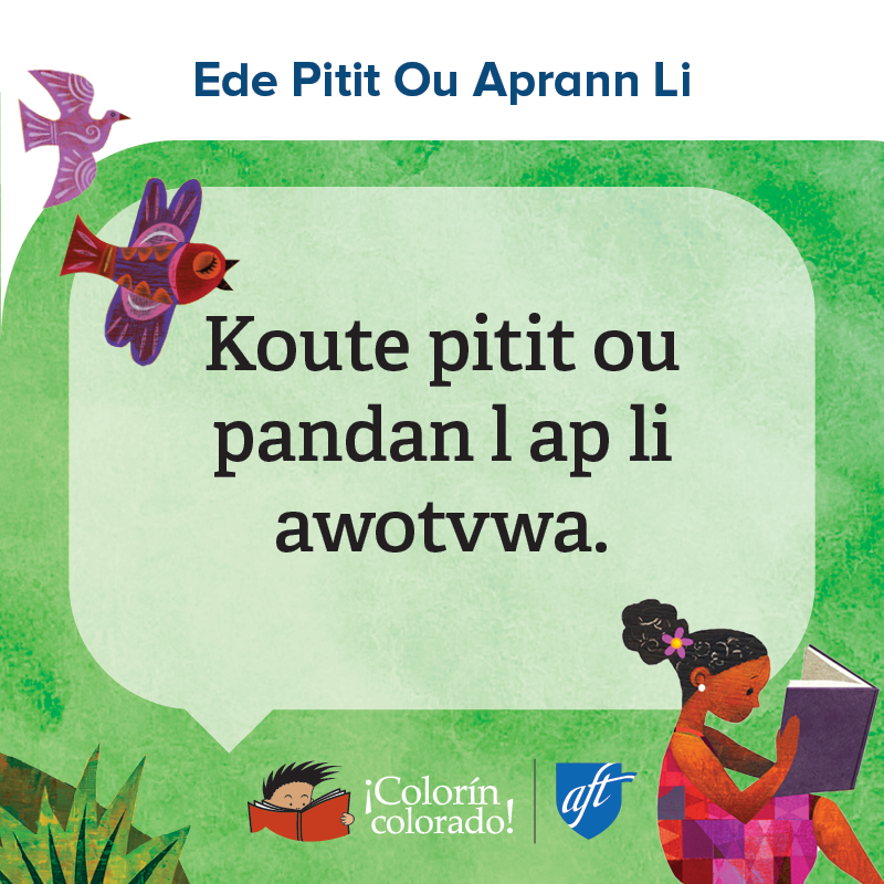Family literacy tip 7 in Haitian Creole on green with illustration of girl reading