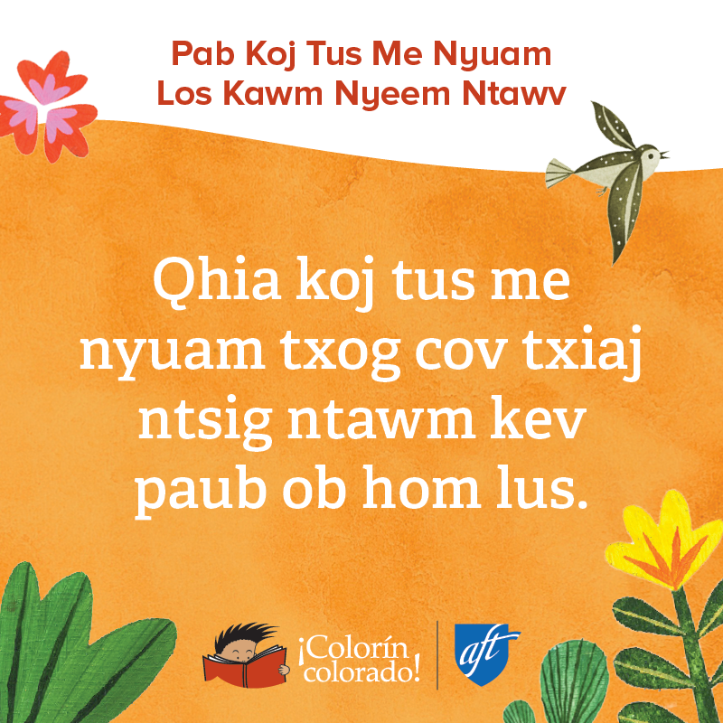 Family literacy tip 2 in Hmong on orange with birds and flowers