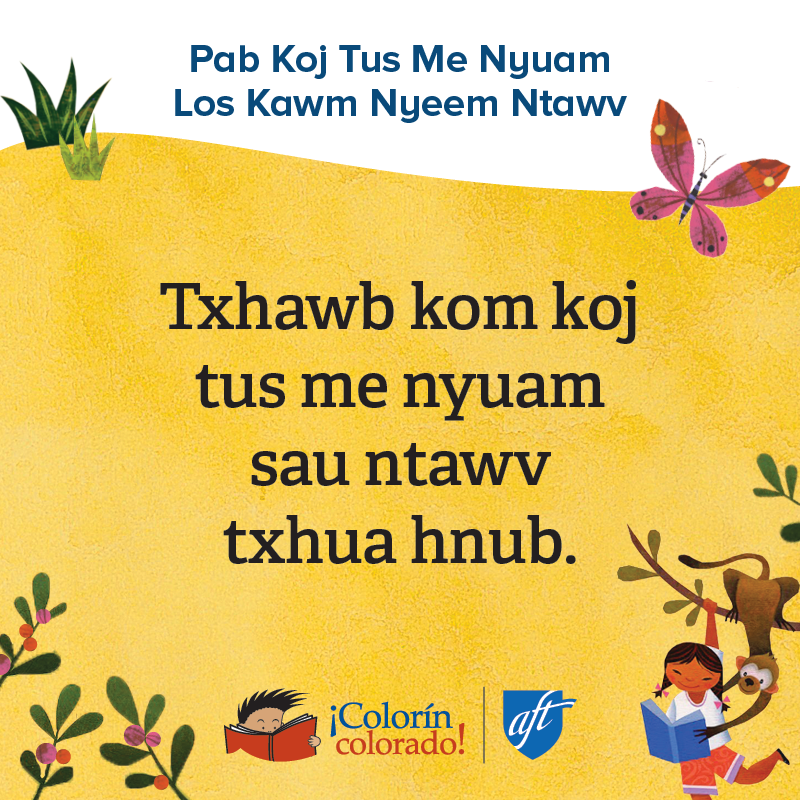 Family literacy tip 6 in Hmong on yellow with child and monkey illustrations