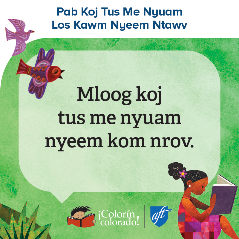 Family literacy tip 7 in Hmong on green with illustration of girl reading