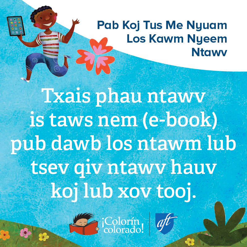 Family literacy tip 8 in Hmong on blue with illustration of boy holding a book