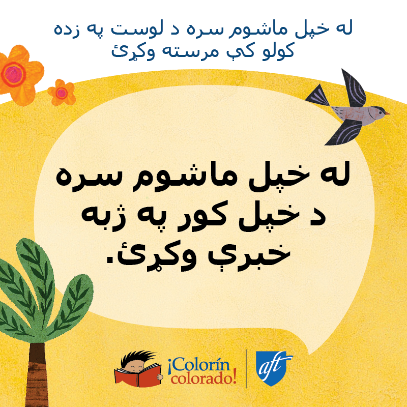 Family literacy tip 1 in Pashto decorated with birds and flowers