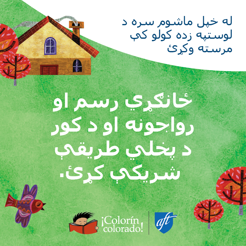 Family literacy tip 4 in Pashto on green with house illustration