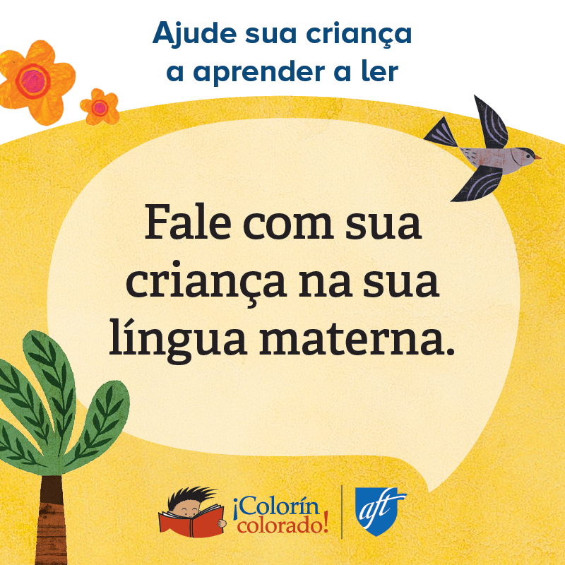 Family literacy tip 1 in Portuguese decorated with birds and flowers