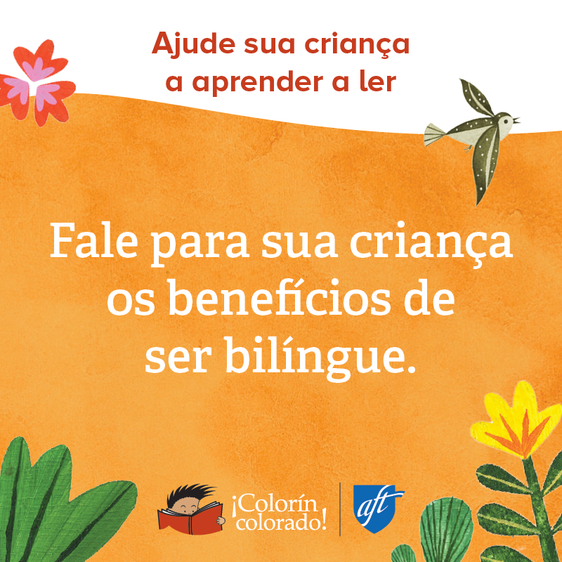 Family literacy tip 2 in Portuguese on orange with birds and flowers