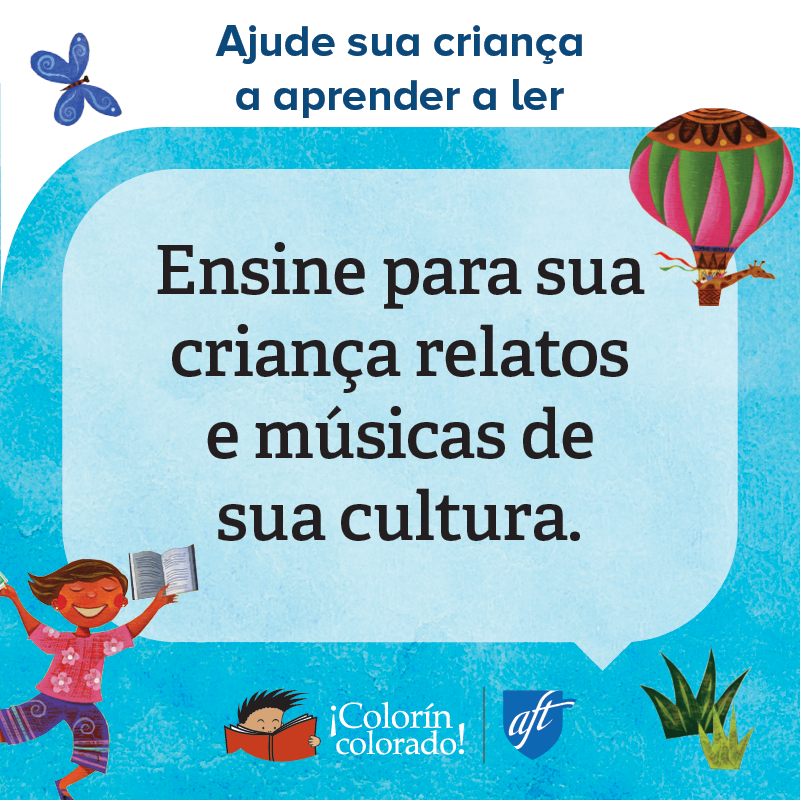 Family literacy tip 3 in Portuguese on blue with child and air balloon illustrations