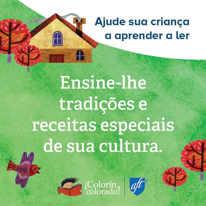 Family literacy tip 4 in Portuguese on green with house illustration
