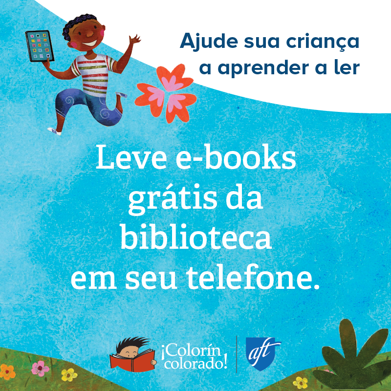 Family literacy tip 8 in Portuguese on blue with illustration of boy holding a book