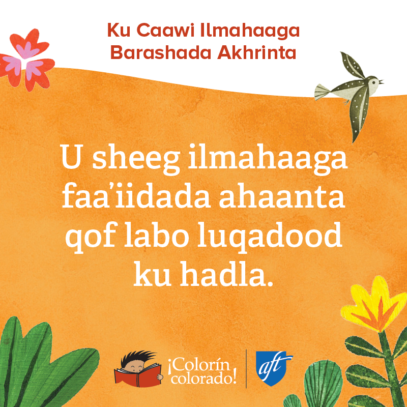 Family literacy tip 2 in Somali on orange with birds and flowers