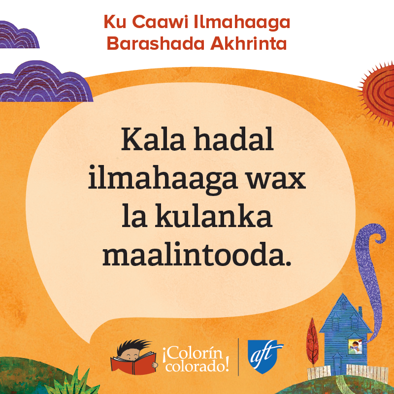 Family literacy tip 5 in Somali on orange with house and sun illustrations