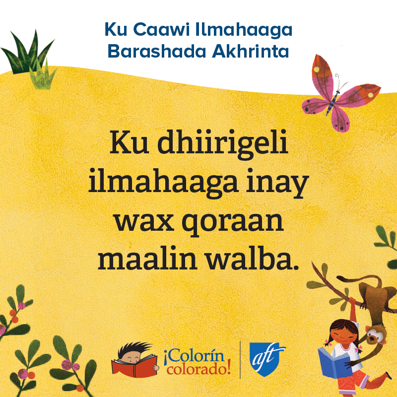 Family literacy tip 6 in Somali on yellow with child and monkey illustrations