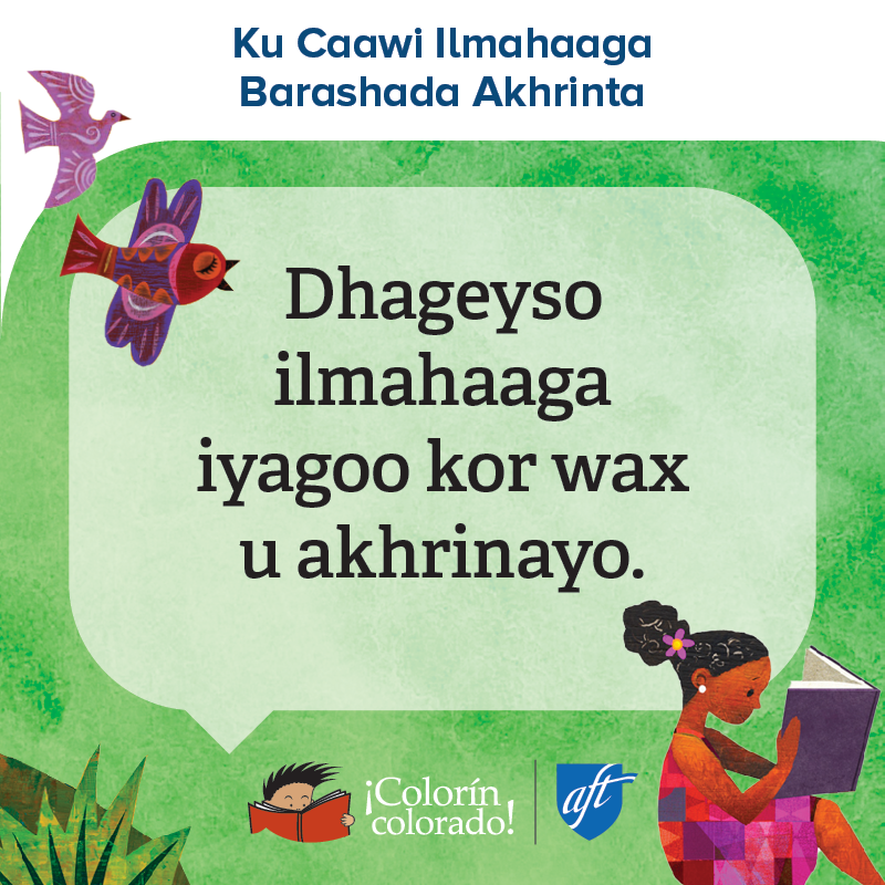 Family literacy tip 7 in Somali on green with illustration of girl reading