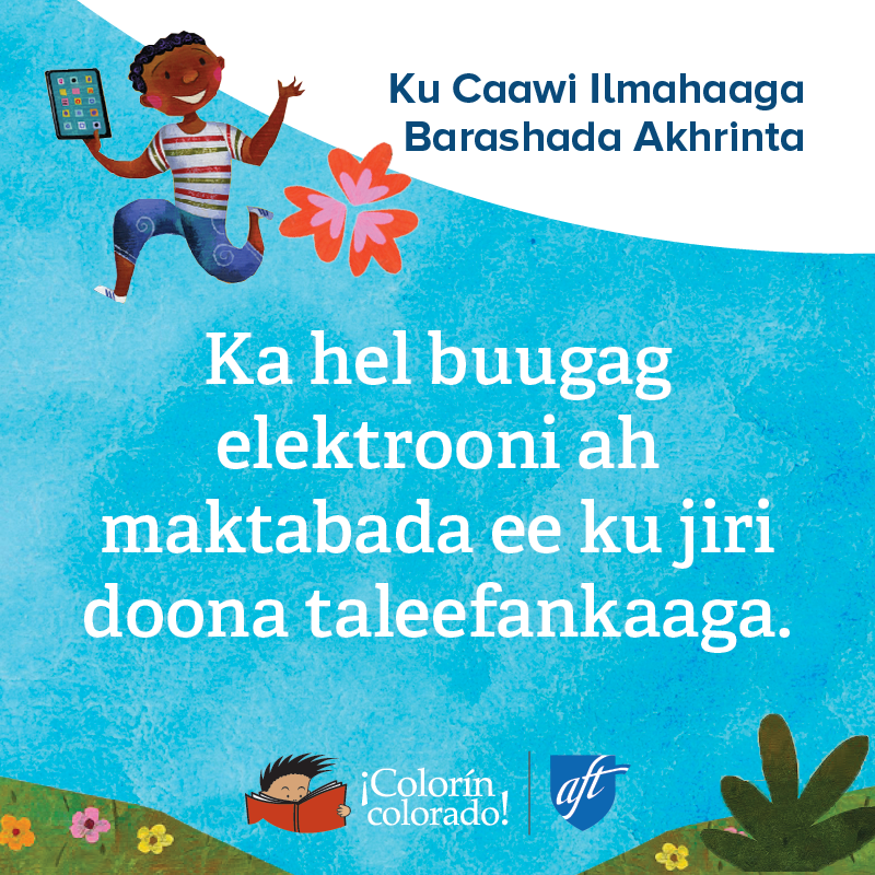 Family literacy tip 8 in Somali on blue with illustration of boy holding a book