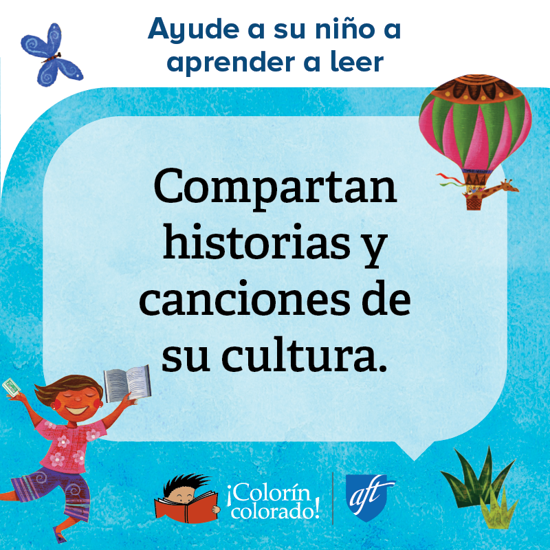 Family literacy tip 3 in Spanish on blue with child and air balloon illustrations