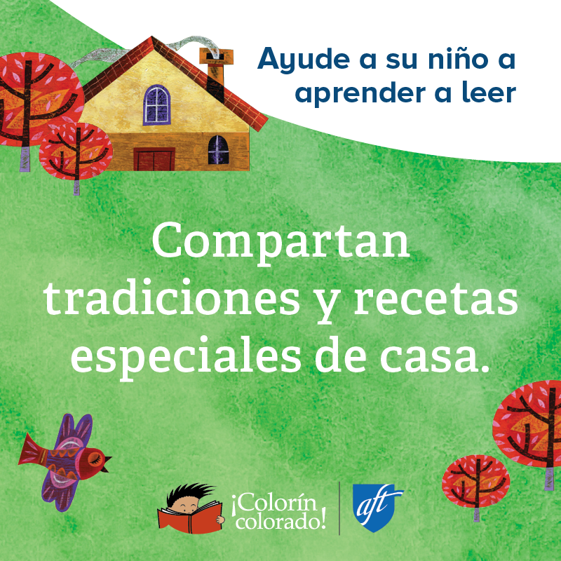 Family literacy tip 4 in Spanish on green with house illustration