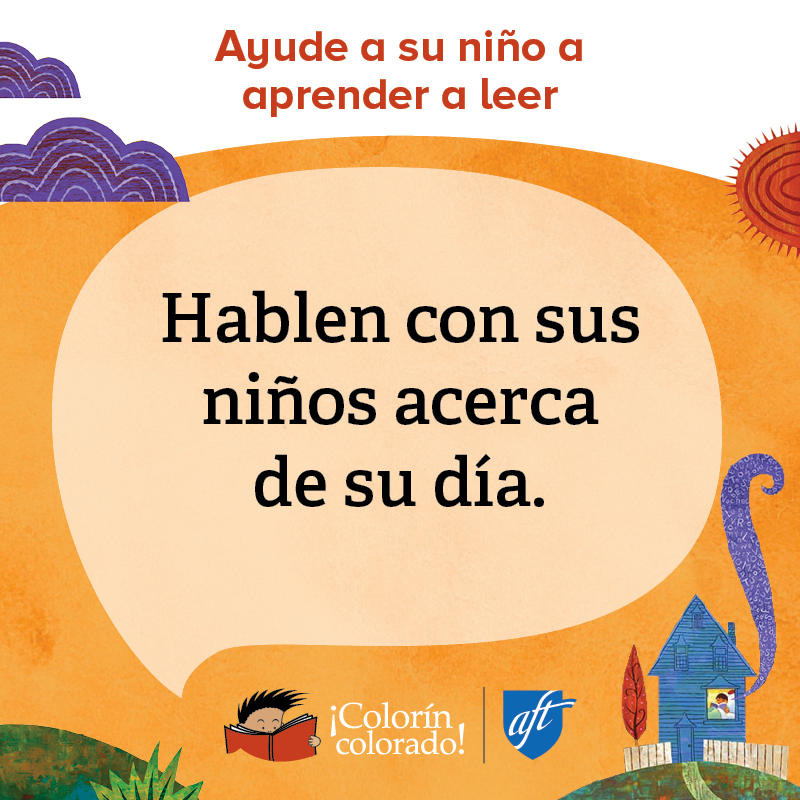 Family literacy tip 5 in English on orange with house and cloud illustrations