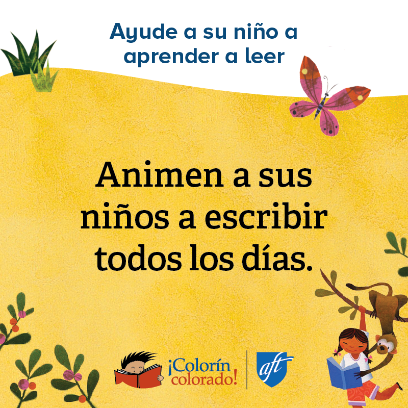 Family literacy tip 6 in Spanish on yellow with child and monkey illustrations