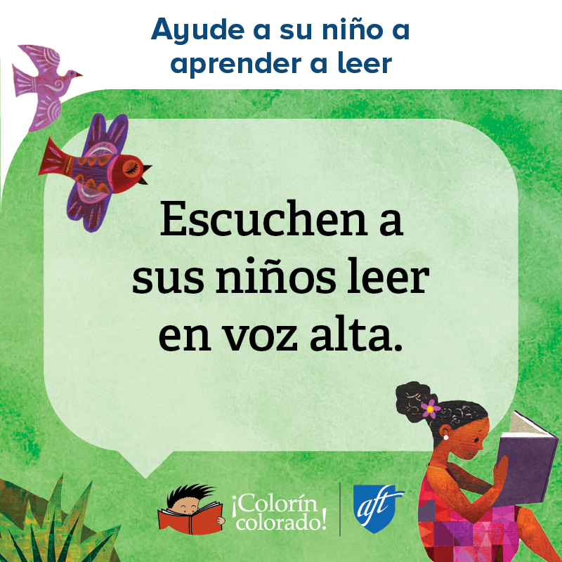 Family literacy tip 7 in Spanish on green with illustration of girl reading