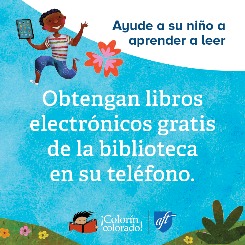 Family literacy tip 8 in Spanish on blue with illustration of child with a book
