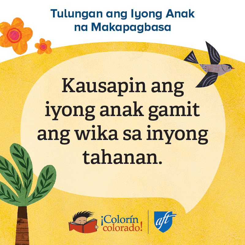 Family literacy tip 1 in Tagalog on yellow with birds and flowers