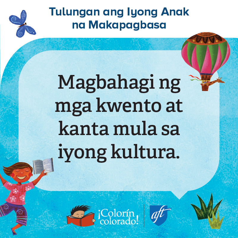Family literacy tip 3 in Tagalog on blue with child and air balloon illustrations