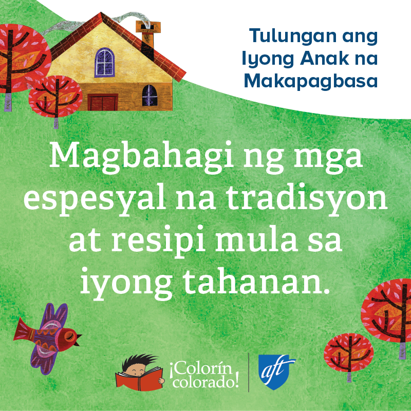 Family literacy tip 4 in Tagalog on green with house illustration