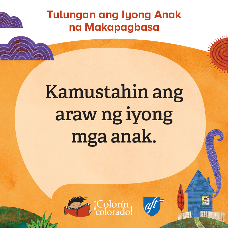 Family literacy tip 5 in Tagalog on orange with house and sun illustrations