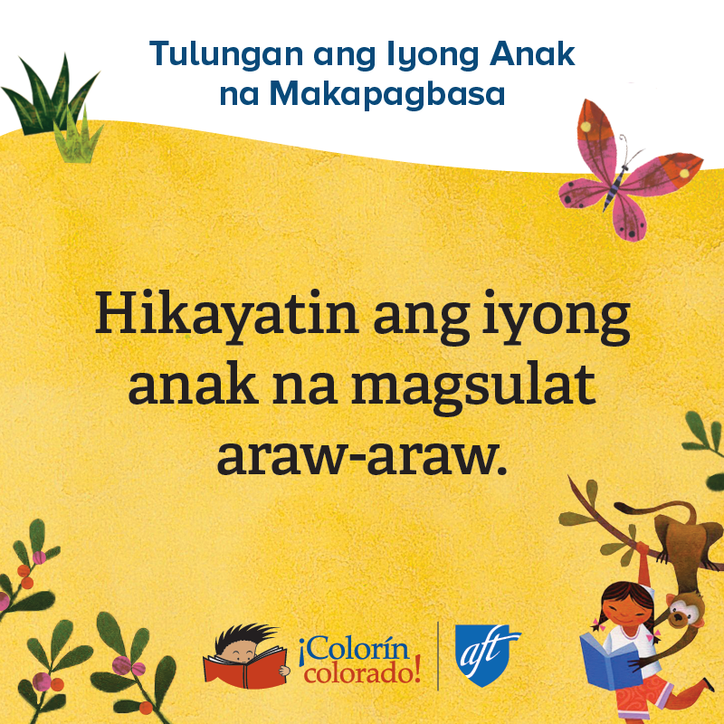 Family literacy tip 6 in Tagalog on yellow with child and monkey illustrations