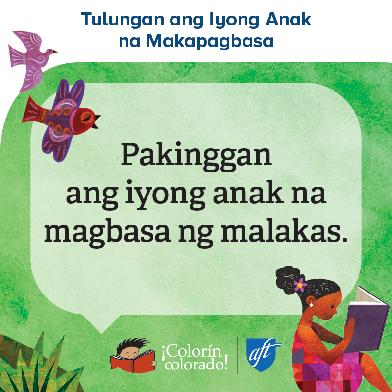 Family literacy tip 7 in Tagalog on green with illustration of girl reading