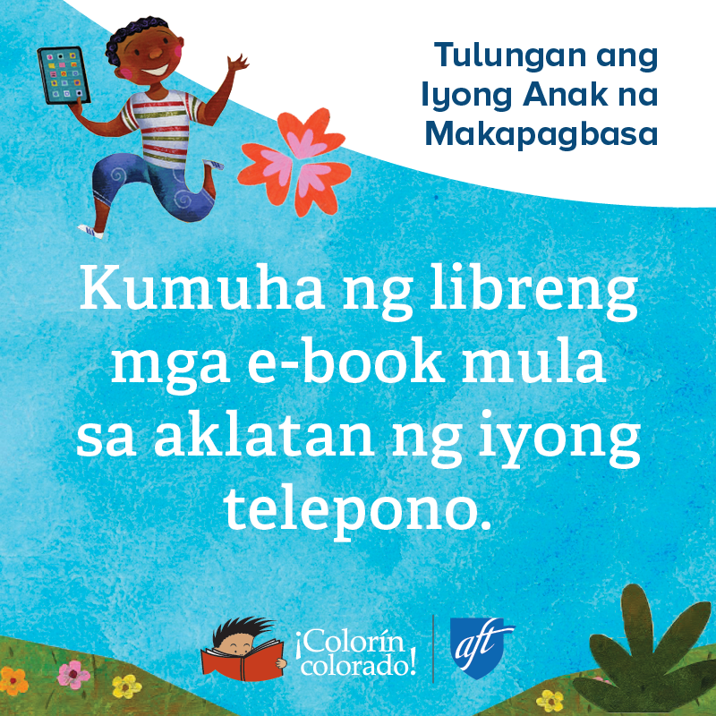 Family literacy tip 8 in Tagalog on blue with illustration of boy holding a book