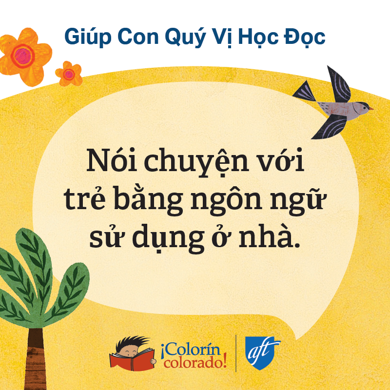 Family literacy tip 1 in Vietnamese on yellow with birds and flowers